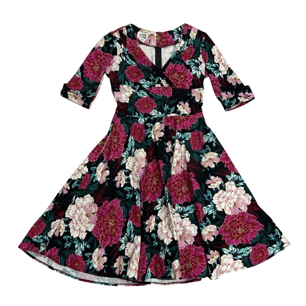 Unique Vintage Floral Pinup Swing Dress‎ Black Pink Peony Retro Rockabilly 50s M